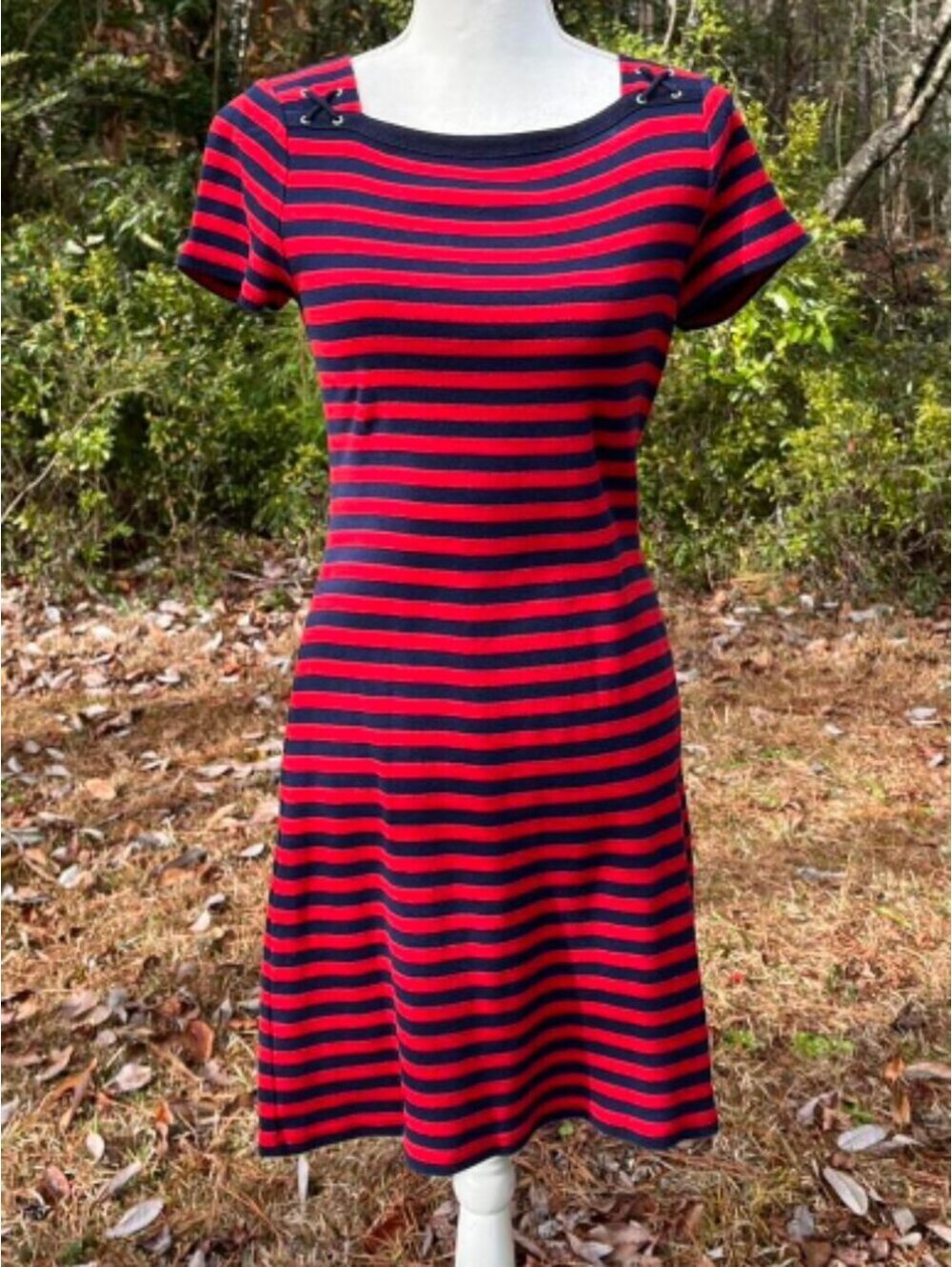 Like New Women's Sz S Chaps Red Navy Striped Bodycon Dress